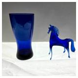 Cobalt Blue Horse Figurine and Flared Vase