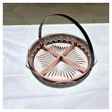 Pink Divided Relish Dish in Handled Basket