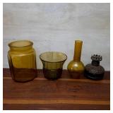 Assorted Amber-Tone Vessels and Miniature Lamp