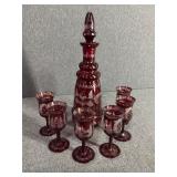 Ruby Red Etched Glass Decanter Set