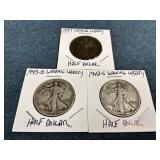 1937, 1942-S & 1943-D Walking Liberty Half Dollars