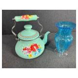 Porcelain Enamel Teapot and Art Glass Vase