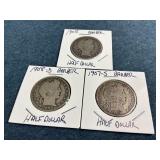 1905, 1907-S & 1908-D Barber Silver Half Dollars
