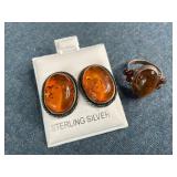 Sterling Silver Amber Earrings & Ring
