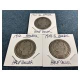 1906-D, 1908-S & 1912 Barber Silver Half Dollars