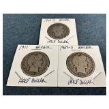 1903-S, 1907-O & 1911 Barber Silver Half Dollar