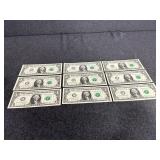 9 - $1 Green Seal US Federal Reserve Notes