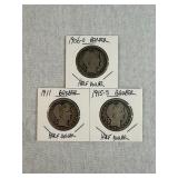 1906-O, 1911 & 1915-S Barber Silver Half Dollars