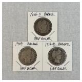 1906-O, 1909 and 1912-D Barber Half Dollars
