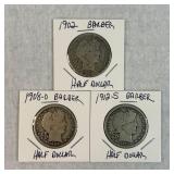 1902, 1908-O & 1912-S Barber Half Dollars