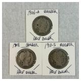 1906-D, 1908 & 1911-S Barber Half Dollars