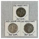 1936, 1943-S & 1945 Walking Liberty Half Dollars