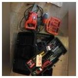 BLACK AND DECKER TOOLBOX WITH SAW, SANDER, AND OTHER PARTS AND HARDWARE