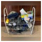 WHITE METAL WIRE SHOE RACK WITH CONTENTS