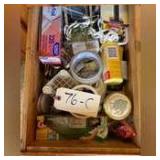 DRAWER LOT OF ASSORTED TAPE, NAILS, SHEET ROCK KNIFE, ETC