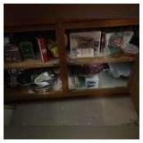 CABINET LOT TO INCLUDE COOKING UTENSILS, PLATES, PHONE, GLASSWARE AND ONE QT SLOW COOKER
