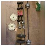 LOT OF ASSORTED WEIGHTS, TWO BARBELLS, AND FOUR PAIRS OF DUMBBELLS DIFFERENT WEIGHTS