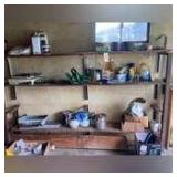 WOODEN SHELVES WITH WEEDEATER 17IN CUTTER, MANUAL CUTTERS, PLANTERS, AND OTHER PAINT SUPPLIES