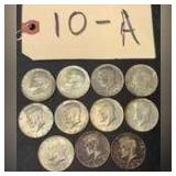 10 TOTAL 40% SILVER KENNEDY HALF DOLLARS, TWO 1965, THREE 1966, THREE 1967, ONE 1968, ONE 1969. ALSO ONE 1972 (NO SILVER). 11 COINS TOTAL