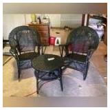TWO BLACK WICKER ROCKERS AND MATCHING TABLE