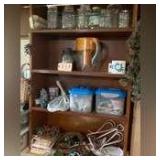 SHELF LOT OF JARS, CRAFT SUPPLIES AND MORE