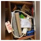 DRAWER LOT TO INCLUDE SURGE PROTECTOR, TAPE, SALT AND PEPPER SHAKERS ETC