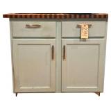 WOODEN KITCHEN ISLAND W/ BUTCHER TOP TO INCLUDE CONTENTS AS-PICTURED (FIESTA DISHES NOT INCLUDED)