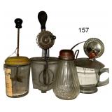 4 VINTAGE KITCHEN UTENSILS: MEASURING CUP W/ MIXER LID, NUT GRATER, ACME FOOD CHOPPER, HAND MIXER
