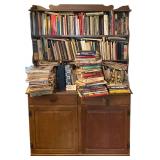 ANTIQUE WOODEN BOOKCASE W/ 2 DOORS ON BOTTOM CHOCK-FULL OF COOKBOOKS