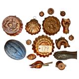 ANTIQUE MELON MOLD, ANTIQUE FISH MOLD, APPROX. 12 COPPER MOLDS, SMALL COPPER POT, 3 SMALL COPPER SCOOPS