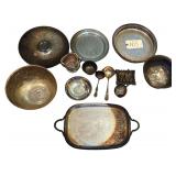 SILVER PLATE LOT: 2 MIXING BOWLS, SERVING PLATTER, 3 ROUND PLATTERS, 2 SERVING SPOONS, CREAM PITCHER, FOOD BOWL, GLASS BOWL WITH SILVER PLATE LINING, ETC.