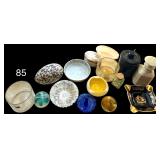 2 BLENKO HANDMADE CRACKLE GLASS CYLINDRICAL DISHES, COBALT BLUE RING DISH, SMALL LIMOGES FRANCE JEWELRY DISH, 2 PAPERWEIGHTS, WATERFORD CRYSTAL BOWL, SMALL CANISTER, ETC.