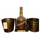 VINTAGE OLD FITZGERALD WHISKEY BOTTLE W/ STAND AND 2 COPPER PAILS