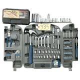 TOOL KIT IN HARD PLASTIC CASE: CLAW HAMMER, COMBO WRENCHES, SCREWDRIVER W/ BITS, ALLEN WRENCHES, RATCHET AND SOCKETS; OTHER ASSORTMENT OF SOCKETS
