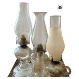 MIRRORED DRESSER TRAY, 3 VINTAGE OIL LAMPS, SMALL OIL LAMP GLOBE