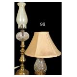 WATERFORD CRYSTAL AND BRASS BASE ELECTRIC LAMP, BRASS BASE E. MILLER OIL LAMP