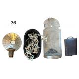 LARGE ANTIQUE COW BELL, CANDLEHOLDER, METAL DRAWER PULLS, OTHER CANDLE SCONCE