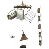 CAST IRON WALL HANGER, VINTAGE METAL BOTTLE HOLDER, VINTAGE ICING PRESS, VINTAGE WIRE PLATE STAND, VINTAGE CISTERN CUPS, ELECTRIC LAMP (AS-FOUND, GLASS SHADE CHIPPED)