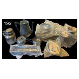 5 PIECES OF WILTON’S PEWTER IN ORIGINAL PACKAGING; EALES 1779 PEWTER CREAM AND SUGAR; PEWTER PITCHER; SMALL MIRRO ALUMINUM PITCHER