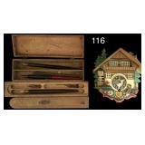 VINTAGE WOODEN GERMAN CLOCK W/ KEY - WORKING, 3 ANTIQUE FOUNTAIN PENS IN BOXES