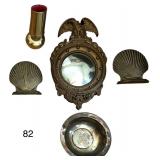 SILVER PLATE AVON BOWL, SMALL VINTAGE EAGLE PATRIOTIC BULL’S EYE MIRROR, PAIR OF BRASS SHELL BOOKENDS, BRASS PEN/PENCIL HOLDER, OVULAR HANGING MIRROR