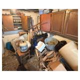SHED LOT TO INCLUDE COLEMAN AND IGLOO COOLERS, VINTAGE WOODEN SLED (AS-IS, ROTTING ON BOTTOM, GALVANIZED BUCKET, PROPANE TANK & BOTTLES, CAMPING CHAIRS, CHAIN, ANTIQUE WOODEN CHAIR, 14” BARBECUE GRI