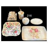HAND PAINTED GERMANY ROSE PLATTER, NORITAKE JAPAN OVULAR DISH, HAND PAINTED NIPPON LIDDED DISH, 3 PIECES OF OLD FOLEY JAMES KENT MADE IN ENGLAND “CHINESE ROSE” PATTERN: SQUARE SERVING BOWL, CHEESE