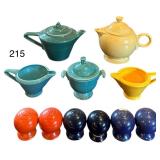 LOT OF FIESTA USA: 3 PAIRS OF SALT AND PEPPER SHAKERS, MATCHING CREAM AND SUGAR, OTHER CREAMER, 2 TEAPOTS