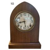VINTAGE CLOCK IN WOODEN CASE W/ KEY - APPEARS TO BE WORKING