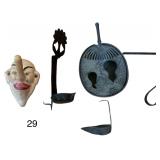 ANTIQUE CAST IRON JAPANESE BRAZIER, TOSCANO LIAR BIG NOSE CAST IRON HOOK ACCENT, 2 OTHER WALL HANGERS