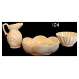 3 PIECES OF BELLEK IRELAND: SMALL PITCHER, SMALL ROUND BOWL, SMALL OVULAR BOWL