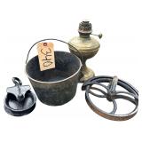2 VINTAGE CAST IRON PULLEYS, CAST IRON BUCKET (USED AS PLANTER, HOLE IN BOTTOM), VINTAGE BRASS OIL LAMP AS-FOUND