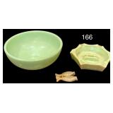 JADEITE BOWL, JADEITE ASH TRAY, JADE COLOR CARVED FISH (SOAPSTONE?)