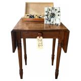 ANTIQUE WOODEN DROP LEAF 1-DRAWER TABLE W/ CHESS SET AND LAS VEGAS DICE CLOCK (AS-IS, SOME DICE TO BE REAPPLIED)